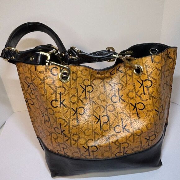 Calvin Klein Leather Tan Black Monogram Shoulder Bag Handbag Purse - Picture 2 of 8